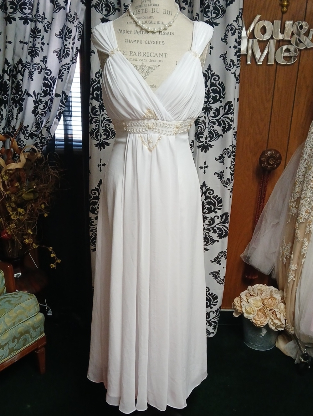 White Beaded Empire Waist Wedding Dress